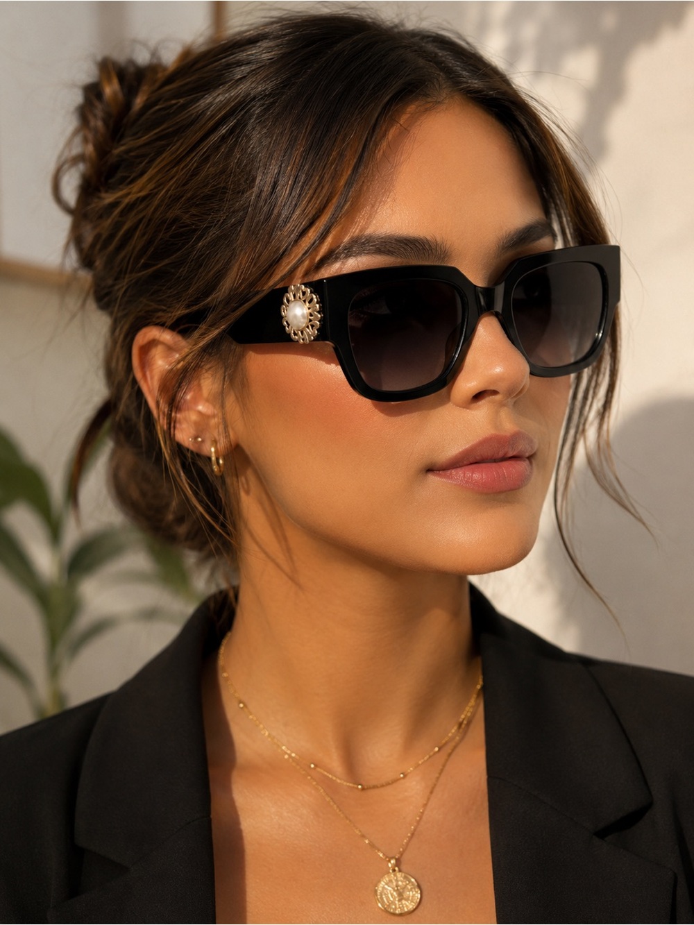 Moschino Black Cat-Eye Sunglasses with Pearl Medallion